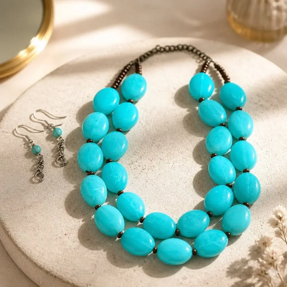 Chunky Howlite Turquoise Double Strand Bead Necklace with Earring Curated  2 Set